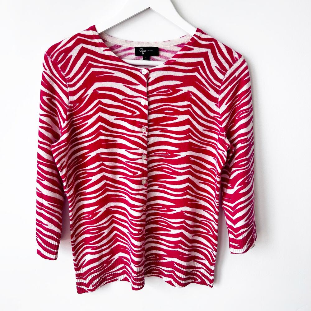 Aqua Sweater 100% Cashmere Size L Pink Zebra Print Button Front Soft Dopamine